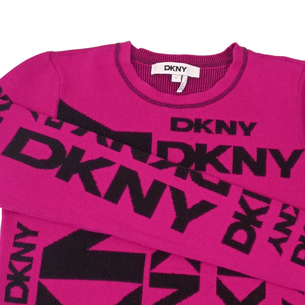 DKNY Womens Fuchsia Pink Black All Over Logo Ribbed Knit Sweater‎ Large